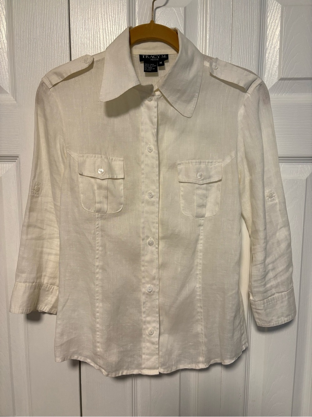 Tracy M 100% White Linen Button-Down Safari Blouse Flap Pockets